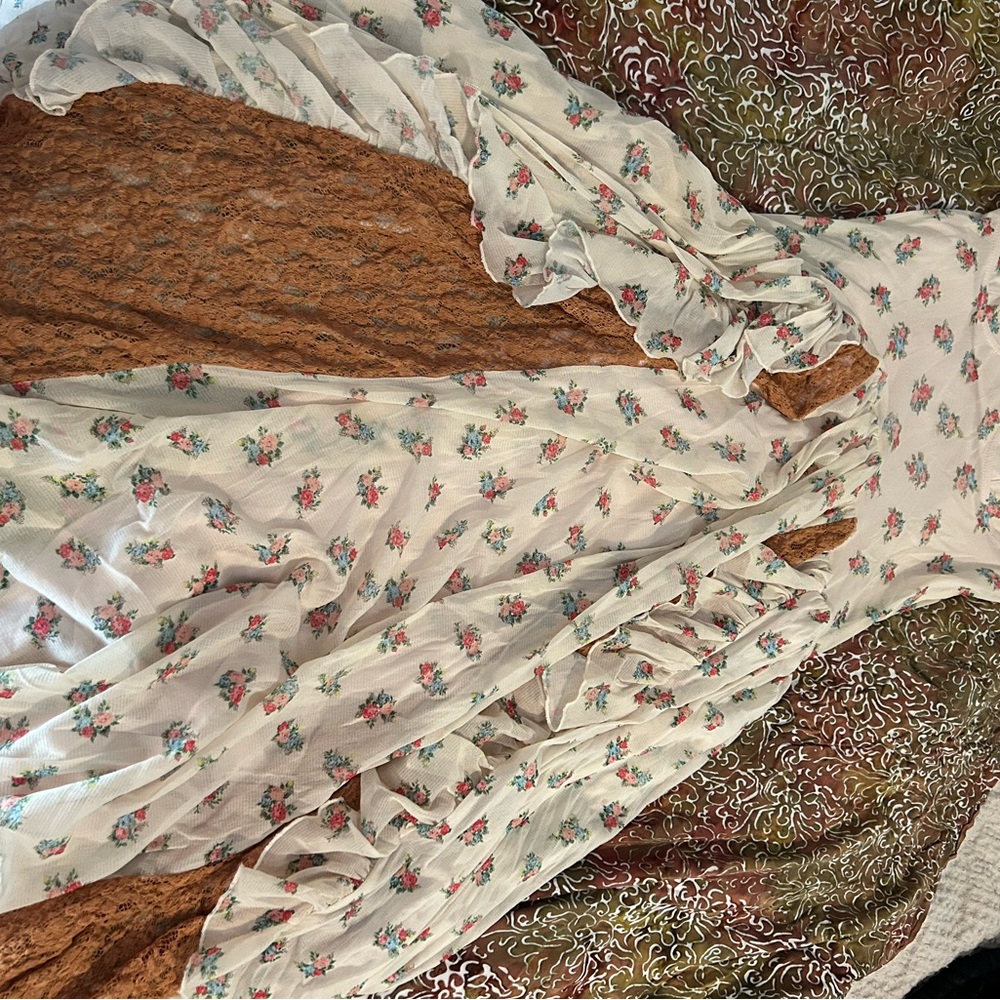 For Love & Lemons Cream Floral Maxi Dress with Rust Lace Panels - Picture 6 of 7